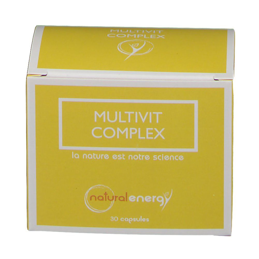 Scatola gialla con cornice bianca e scritta MULTIVIT COMPLEX. Logo Natural Energy. Contiene 30 capsule.