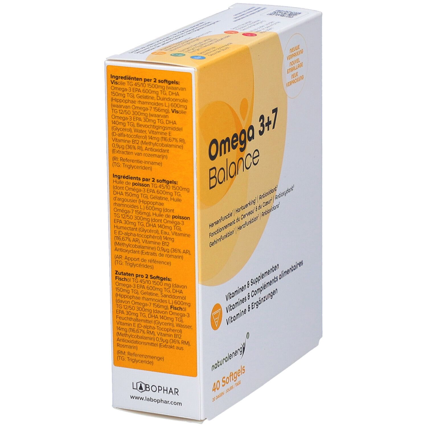 Vista laterale della confezione Omega 3+7 Balance, con dettagli ingredienti per 2 softgel.