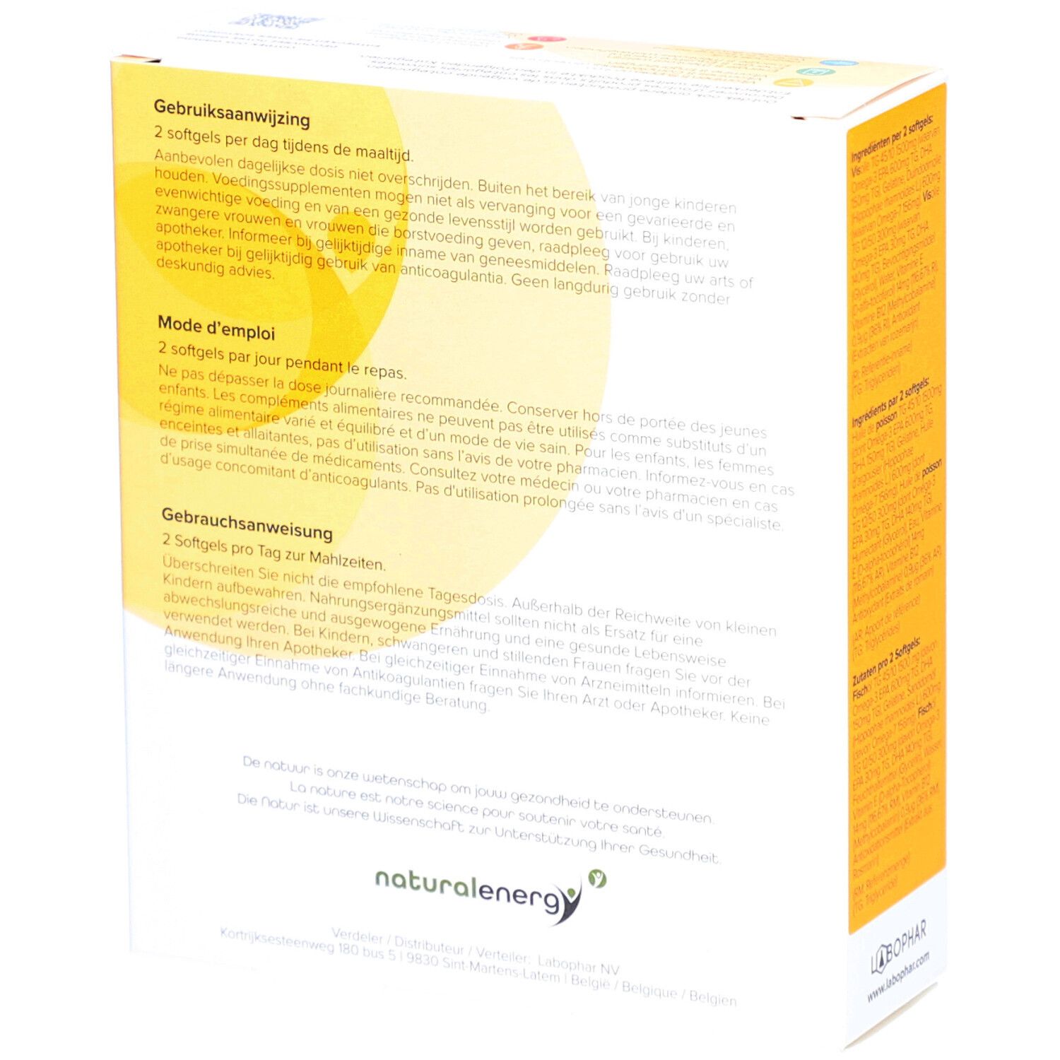 Retro della confezione Omega 3+7 Balance, con istruzioni d'uso multilingue.
