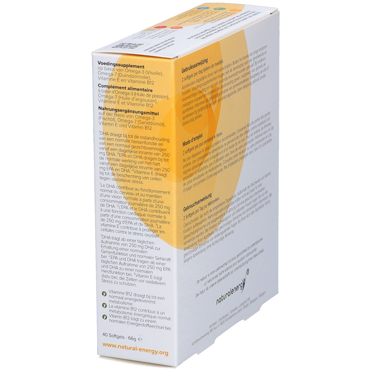 Vista laterale della confezione Omega 3+7 Balance, con informazioni sugli integratori alimentari.