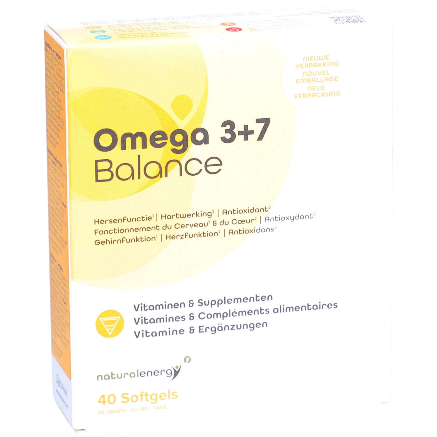Confezione di Omega 3+7 Balance, 40 softgel. Contiene vitamine e integratori per funzione cerebrale, cardiaca e antiossidante.