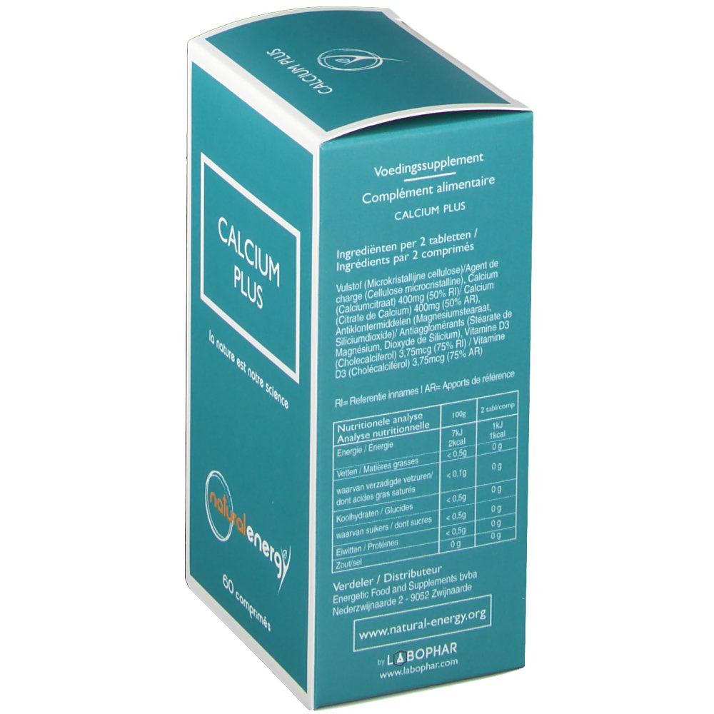 Retro della scatola. Testo: "CALCIUM PLUS". Ingredienti, analisi nutrizionali. Logo "natural energy". Testo in olandese e francese.
