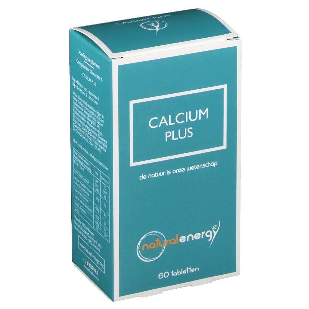 Scatola con scritta "CALCIUM PLUS". Logo "natural energy". 60 compresse. Testo: "de natuur is onze wetenschap".