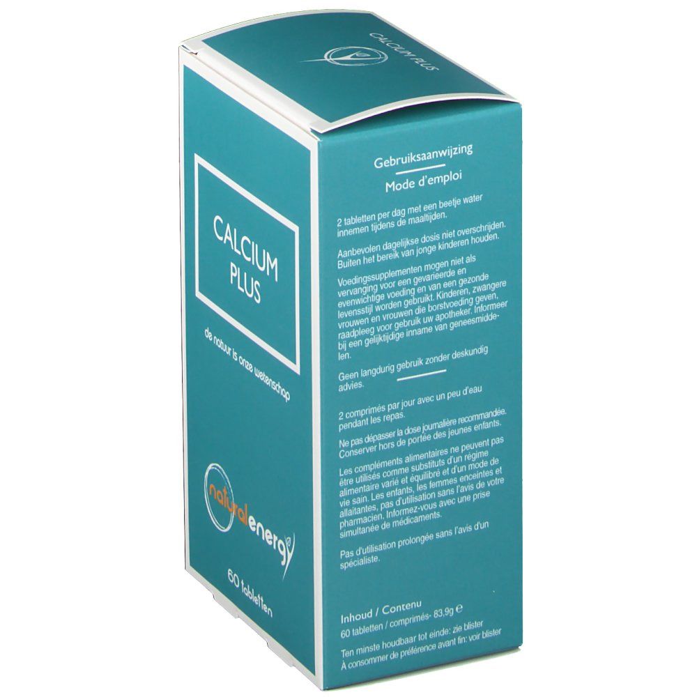 Lato della scatola con istruzioni per l'uso. Testo: "CALCIUM PLUS". Logo "natural energy". Testo in olandese e francese.