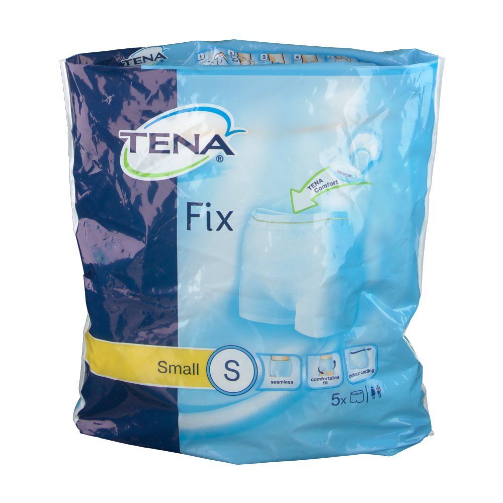 Confezione di TENA Fix Fixierhosen S. Confezione blu con immagine del prodotto e logo. Contiene 5 pezzi. Indicazione taglia S.
