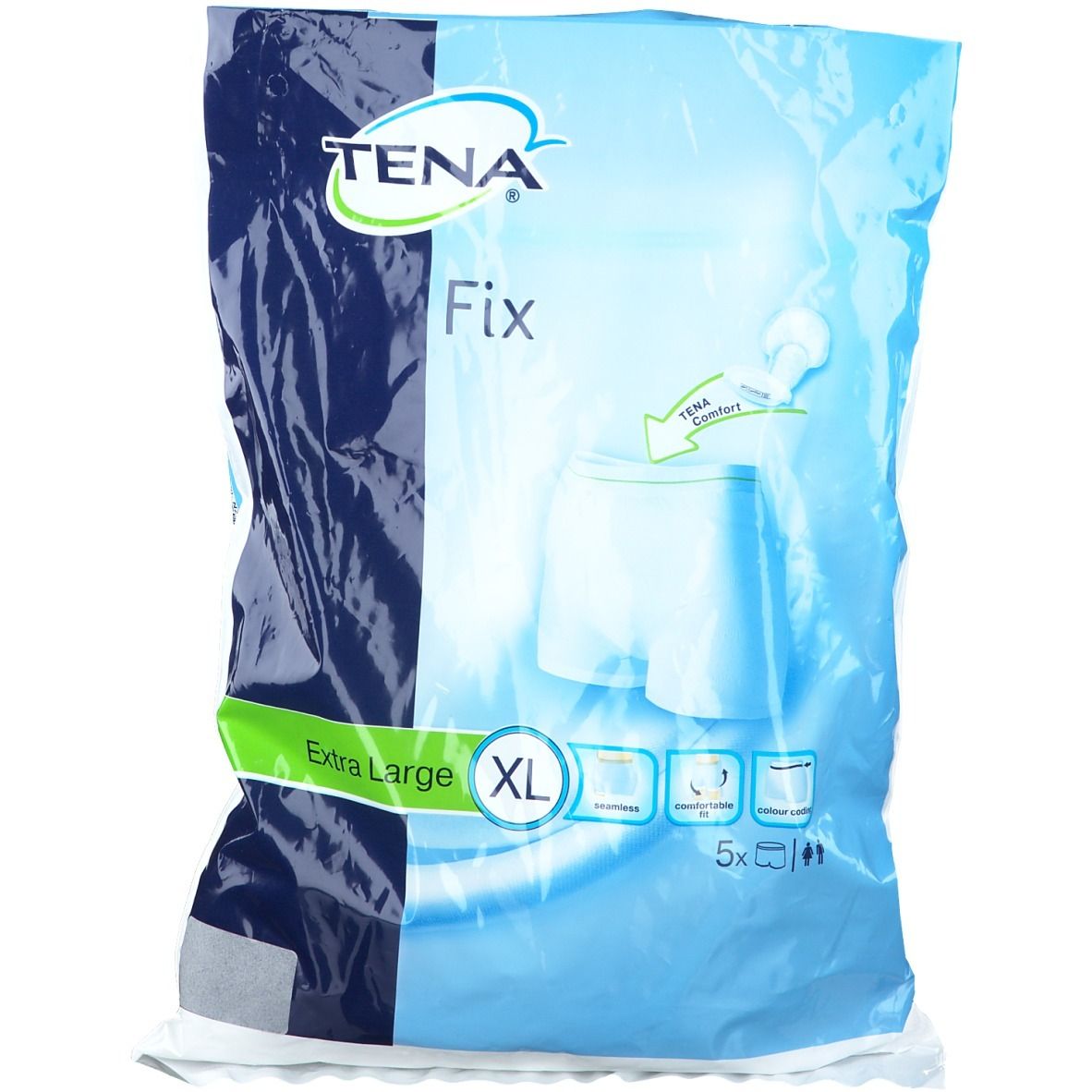 Confezione di TENA Fix Fixierhosen XL. Confezione blu con immagine del prodotto. Scritta: Extra Large, XL, 5 pezzi.