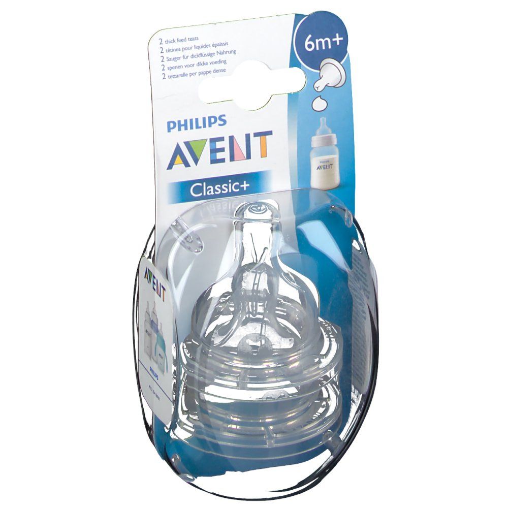Confezione di due tettarelle Philips AVENT Classic+ 6m+. Tettarelle in silicone trasparente in confezione di plastica.