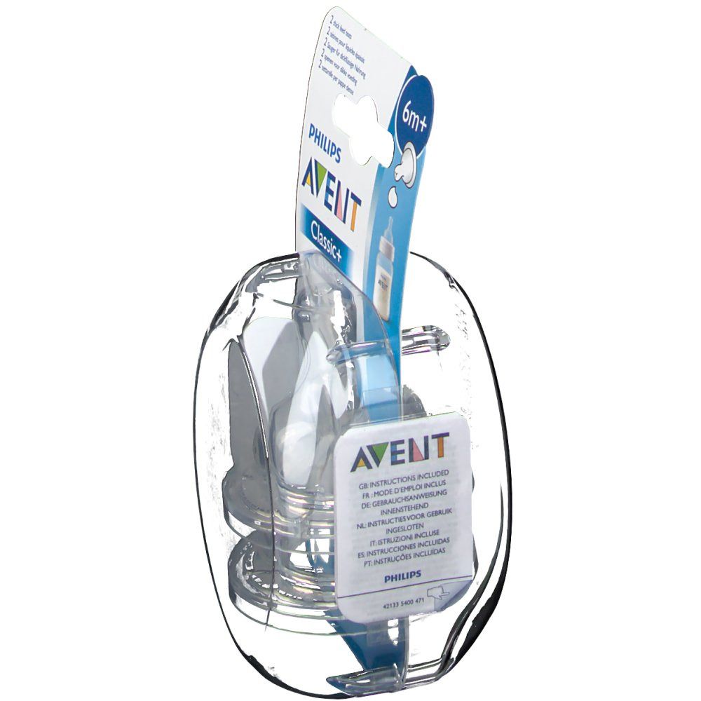 Confezione di due tettarelle Philips AVENT Classic+ 6m+. Vista laterale, tettarelle in silicone trasparente.