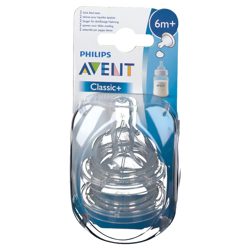 Confezione di due tettarelle Philips AVENT Classic+ 6m+. Tettarelle in silicone trasparente in confezione di plastica.