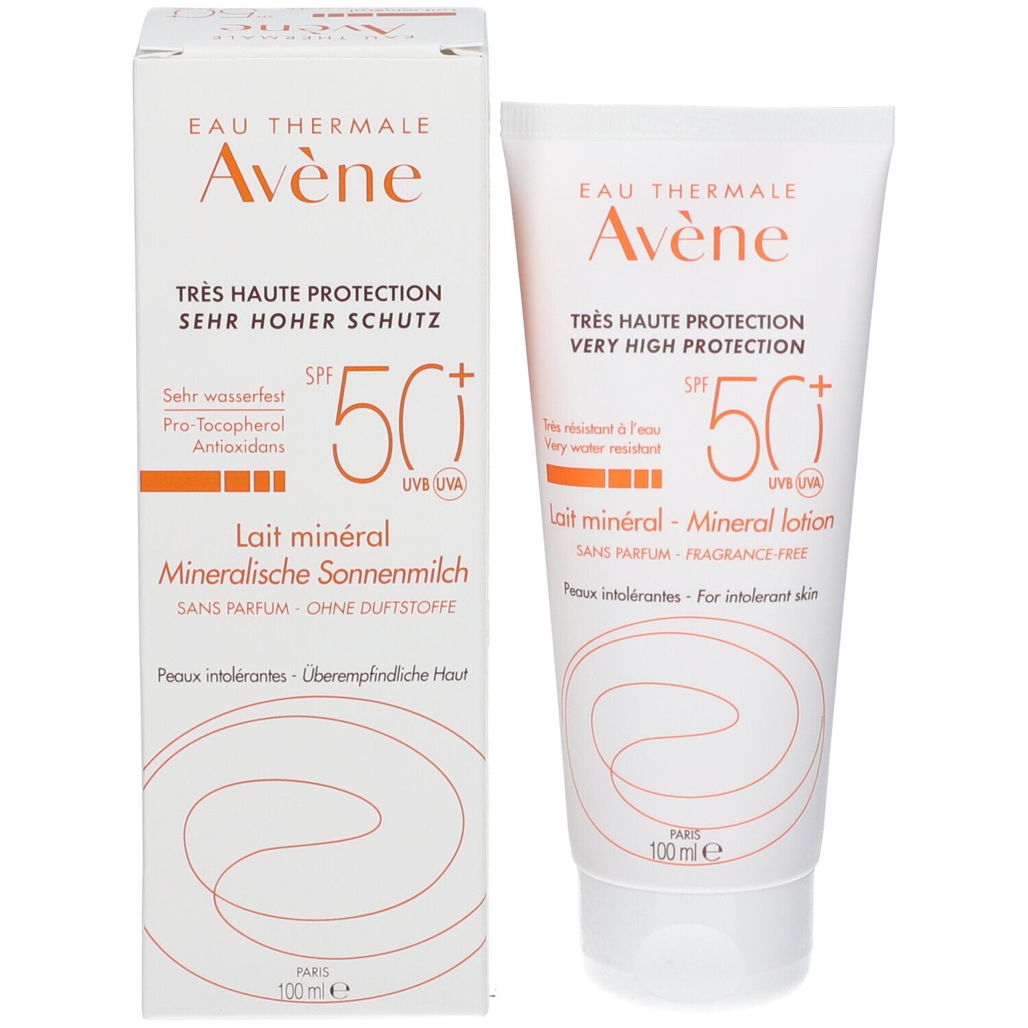 Tubo e scatola di latte solare. Marca Avène, SPF 50+. Testo: Lait minéral, senza profumo. 100 ml.