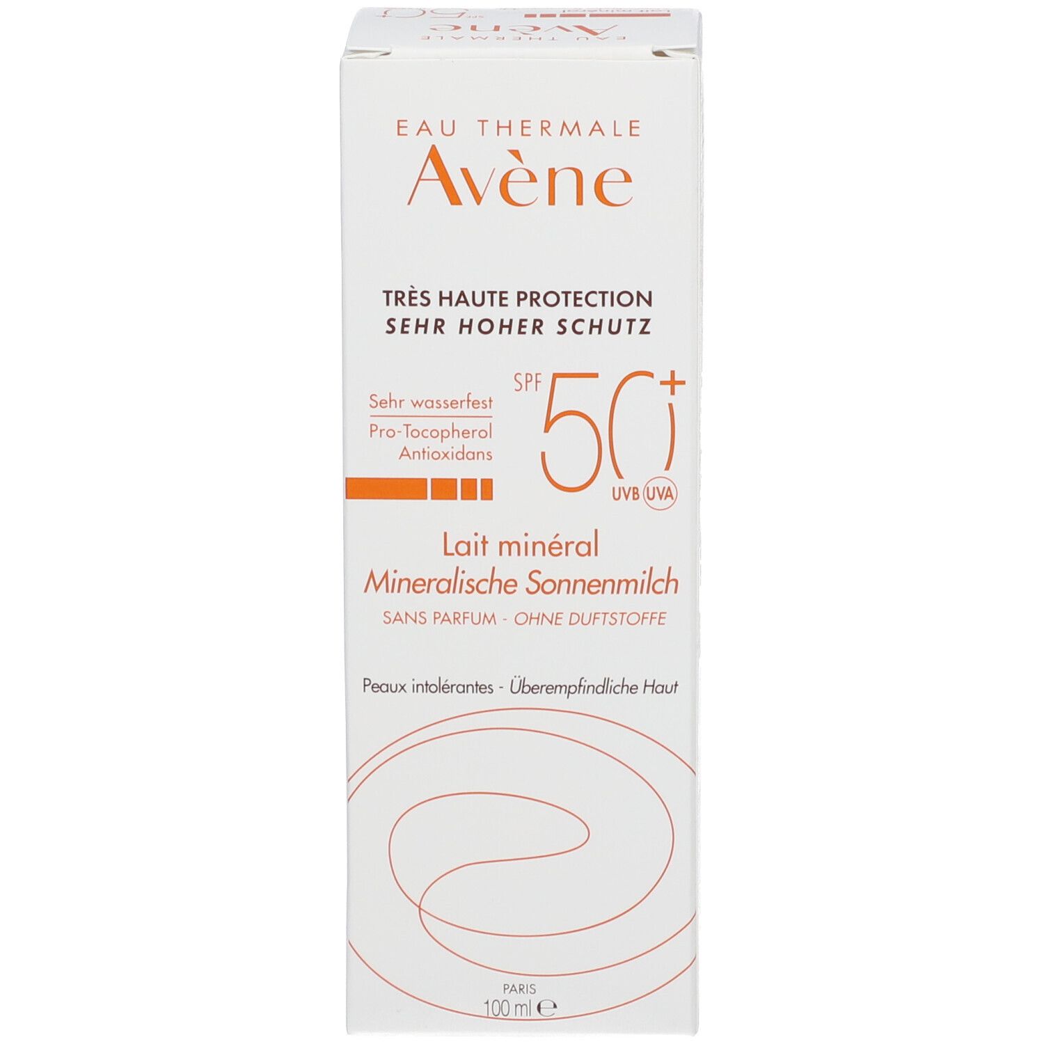 Scatola di latte solare. Marca Avène, SPF 50+. Testo: Lait minéral, senza profumo. 100 ml.