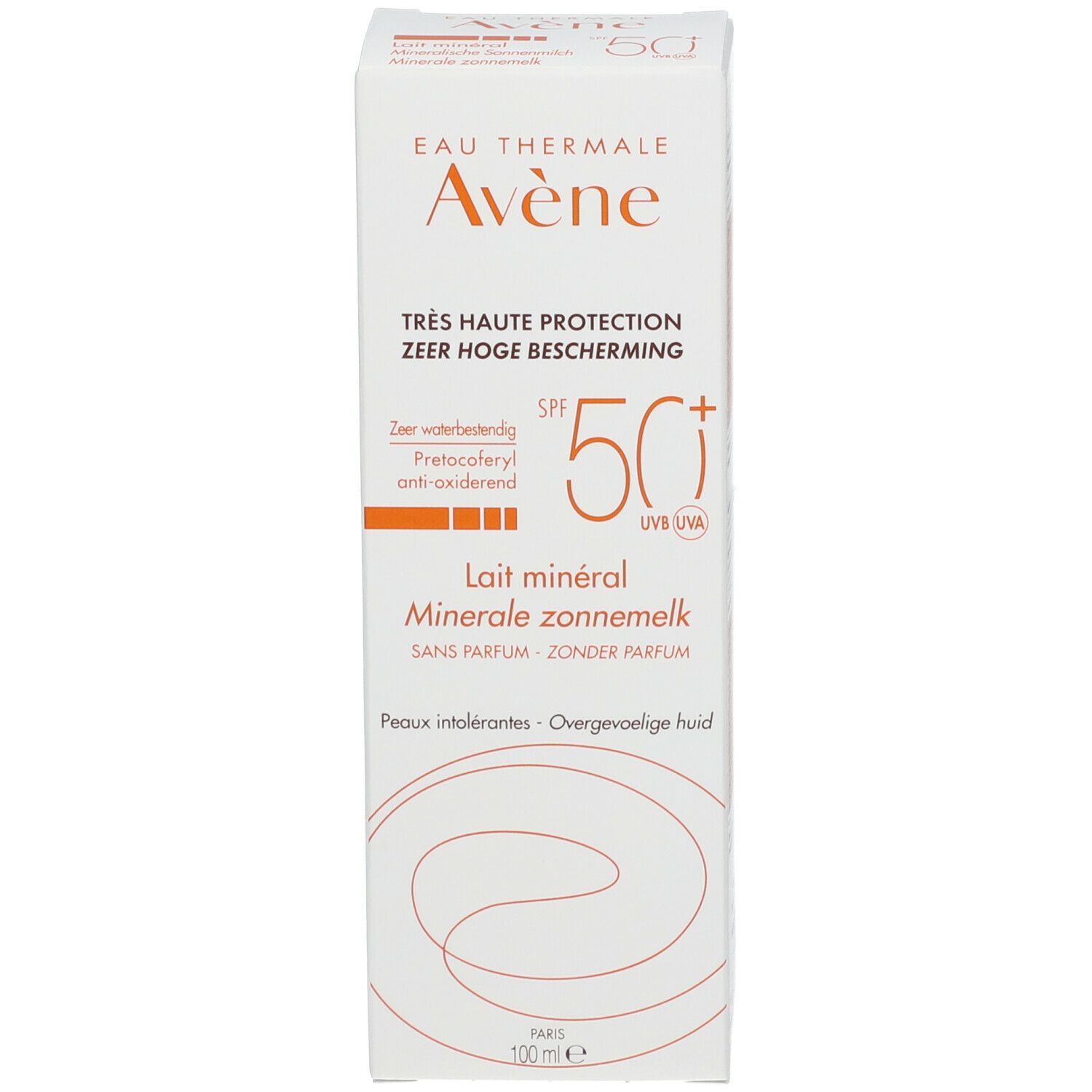 Scatola di latte solare. Marca Avène, SPF 50+. Testo: Lait minéral, senza profumo. 100 ml.