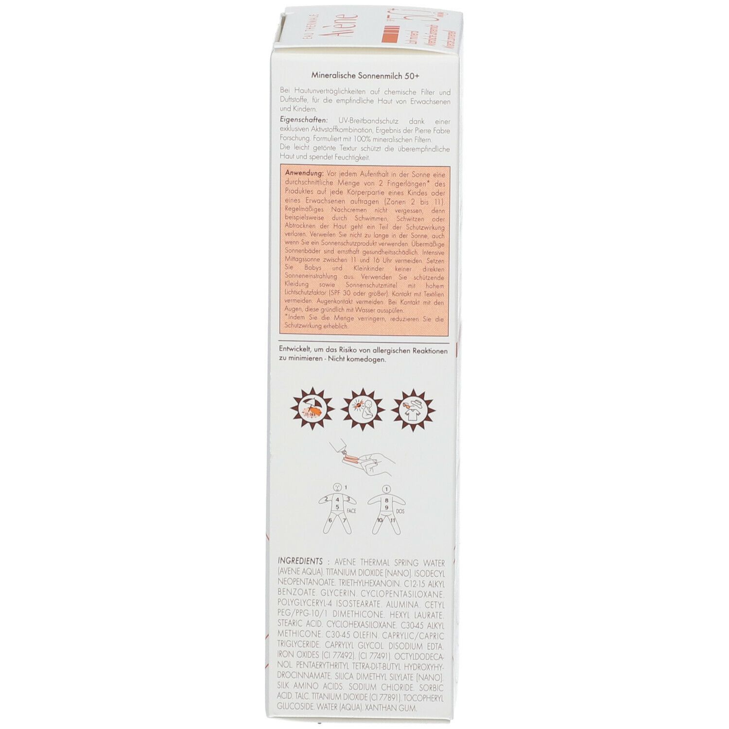 Scatola con testo. Informazioni sull'uso e sugli ingredienti del latte solare.