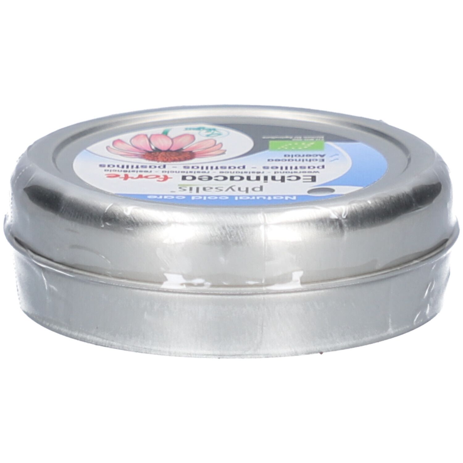 Barattolo rotondo con etichetta. Scritta: Physalis Echinacea forte, marchio bio.