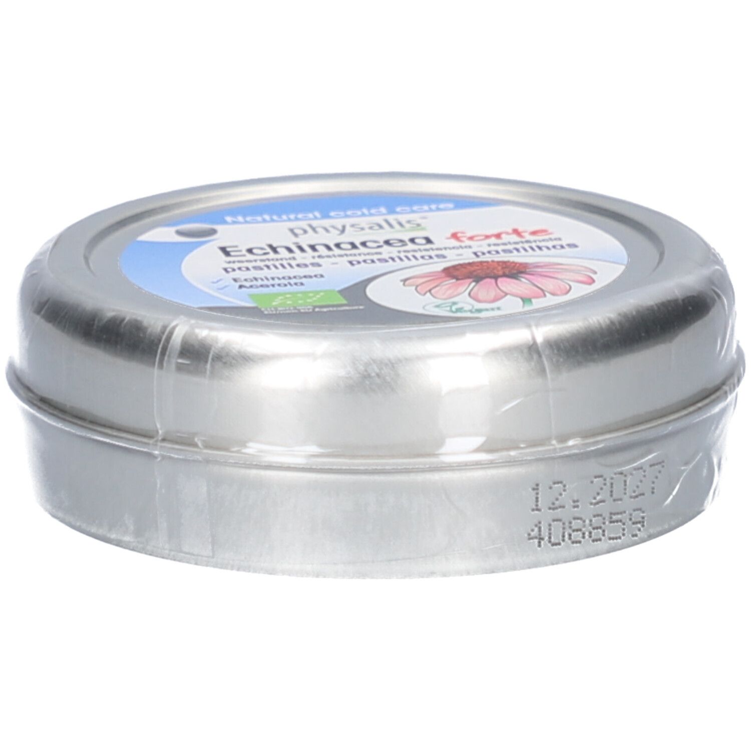 Barattolo rotondo con etichetta. Scritta: Physalis Echinacea forte, marchio bio. Scadenza: 12.2027.