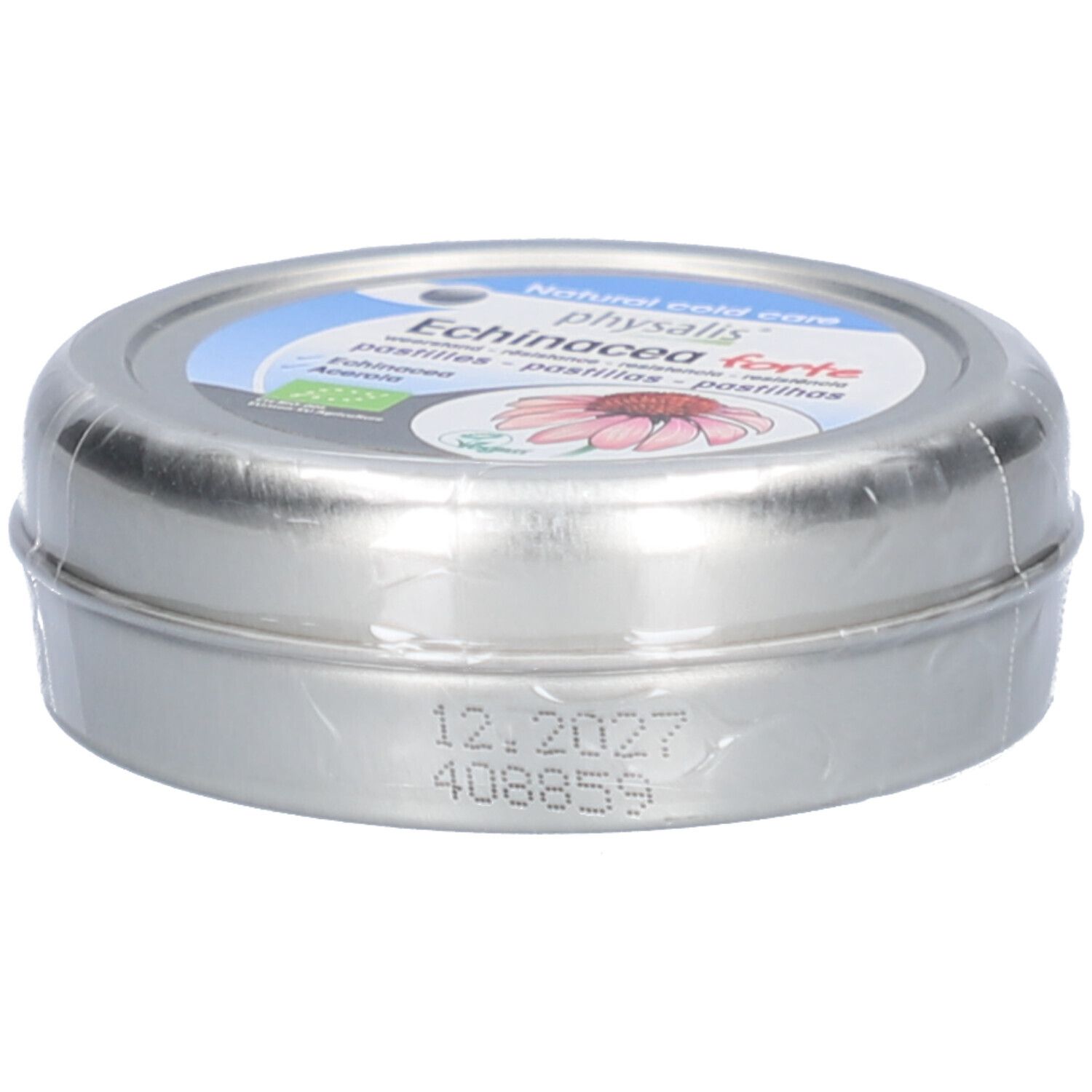 Barattolo rotondo con etichetta. Scritta: Physalis Echinacea forte, marchio bio. Scadenza: 12.2027.