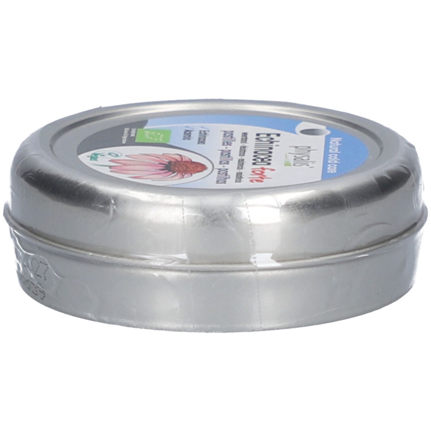 Barattolo rotondo con etichetta. Scritta: Physalis Echinacea forte, marchio bio.