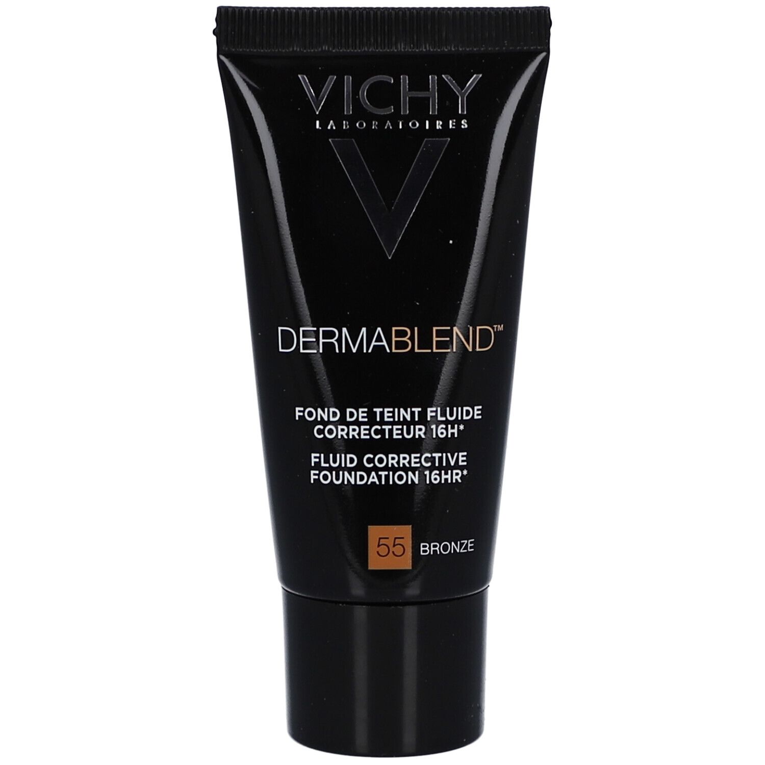 Vichy Dermablend Make Up Nr. 55 Bronze. Tubo nero con informazioni sul prodotto.