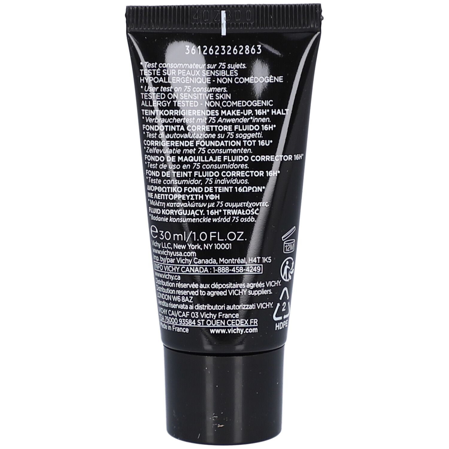 Retro del tubetto. Informazioni sul prodotto e ingredienti. Marchio e nome visibili.