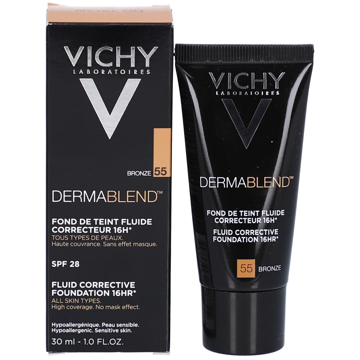 Vichy Dermablend Make Up Nr. 55 Bronze. Tubo e confezione. Marchio e nome visibili.