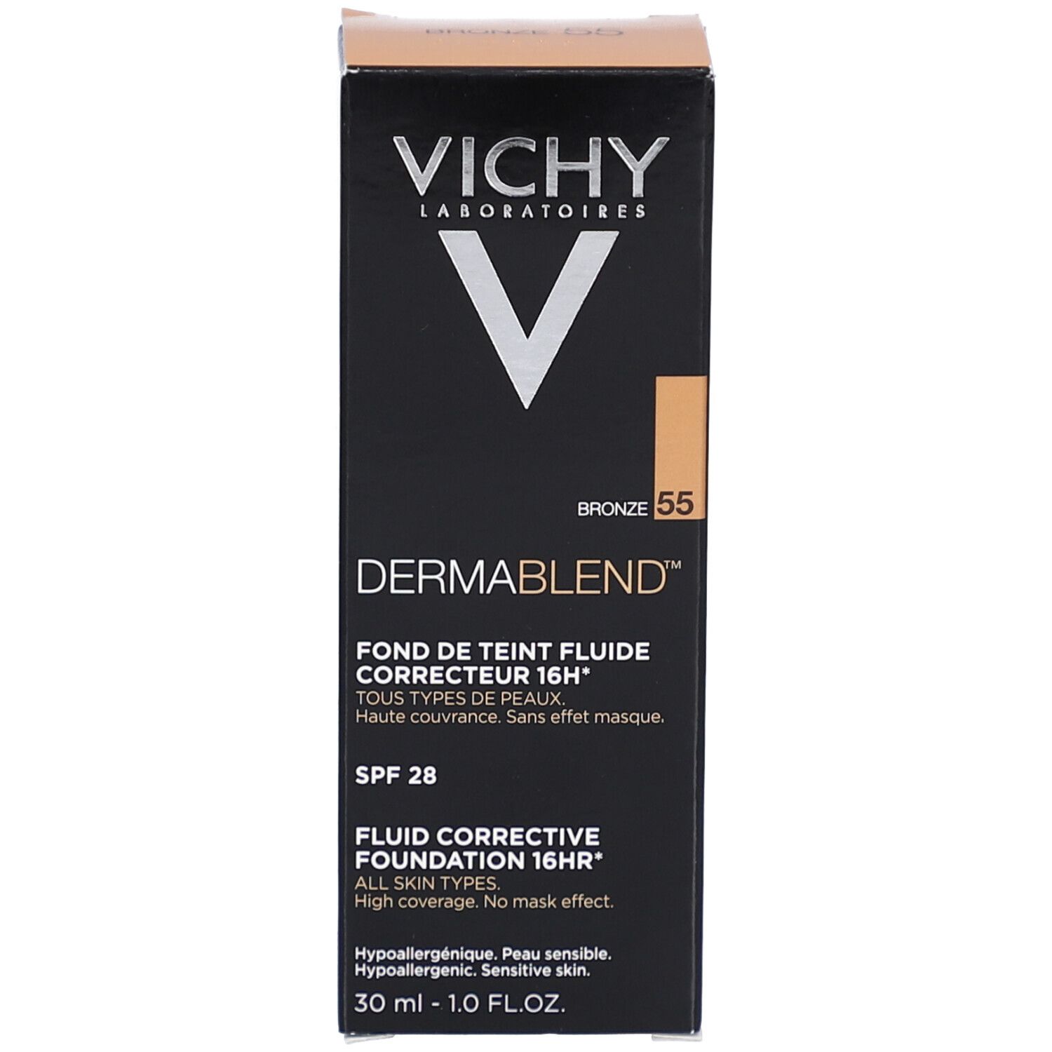 Confezione. Informazioni sul prodotto. Marchio e nome visibili. Tonalità Bronze.