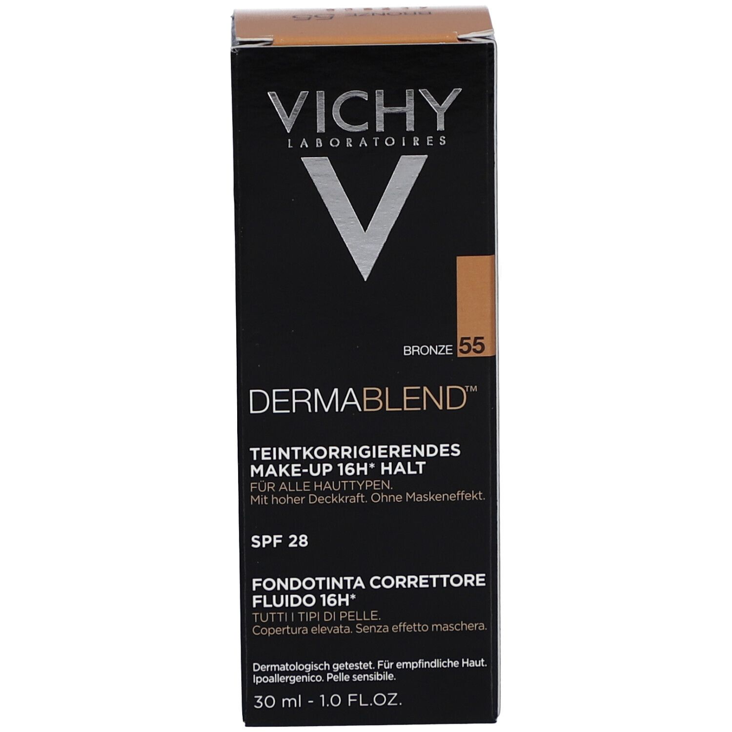 Confezione. Informazioni sul prodotto. Marchio e nome visibili. Tonalità Bronze.