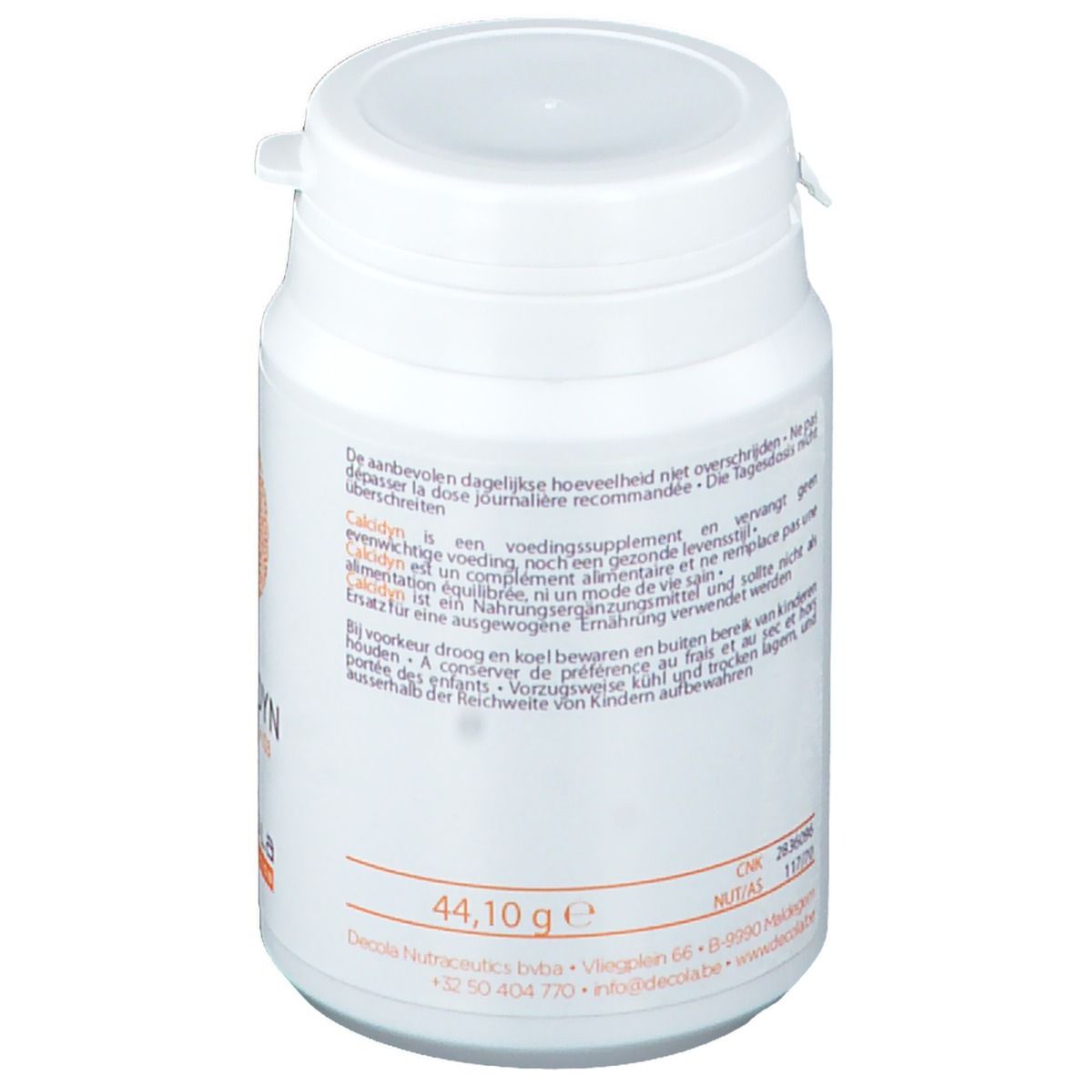 Barattolo bianco con coperchio. Retro con testo. Scritta 44,10 g. Informazioni produttore. Avvertenze.