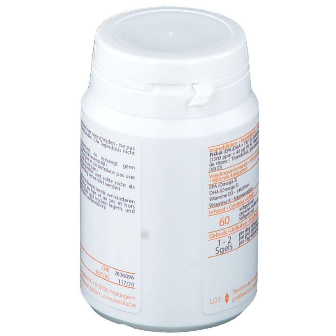 Barattolo bianco con coperchio. Retro con testo. Scritta 60 sgels. Raccomandazione di dosaggio. Elenco ingredienti.