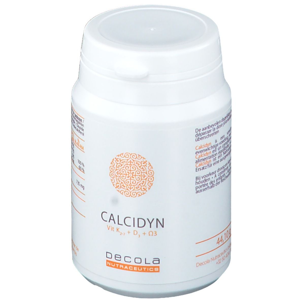 Barattolo bianco con coperchio. Scritta CALCIDYN, Vit K2, D3, D3. Marchio Decola Nutraceutics. Motivo arancione. Testo.