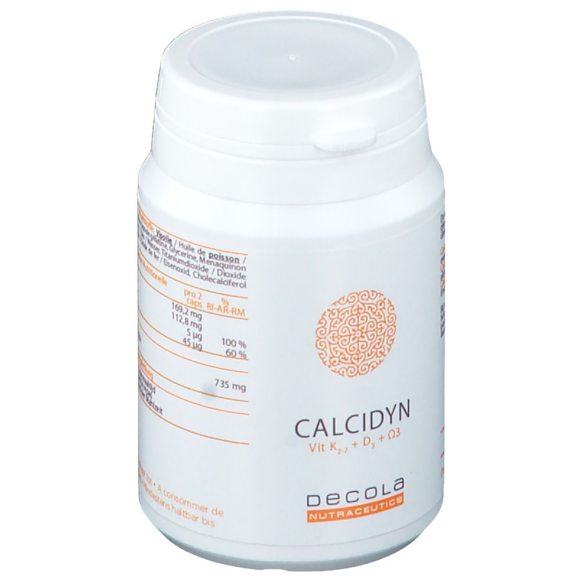 Barattolo bianco con coperchio. Scritta CALCIDYN, Vit K2, D3, D3. Marchio Decola Nutraceutics. Motivo arancione. Testo.