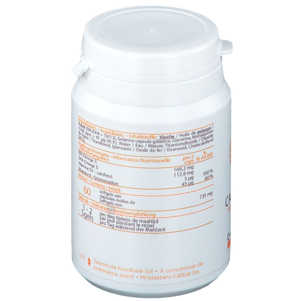 Barattolo bianco con coperchio. Scritta CALCIDYN, Vit K2, D3, D3. Marchio Decola Nutraceutics. 60 capsule. Elenco ingredienti.