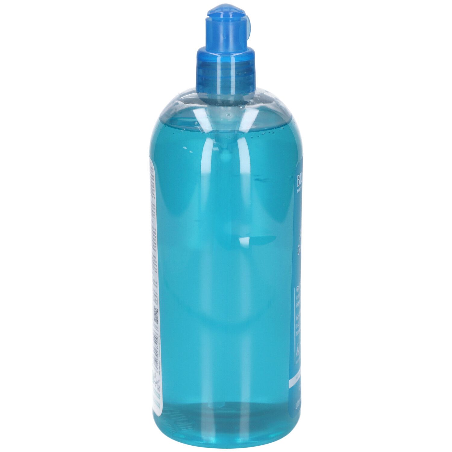 Vista posteriore di un flacone trasparente di gel doccia blu. Pompa blu. Etichetta con testo.