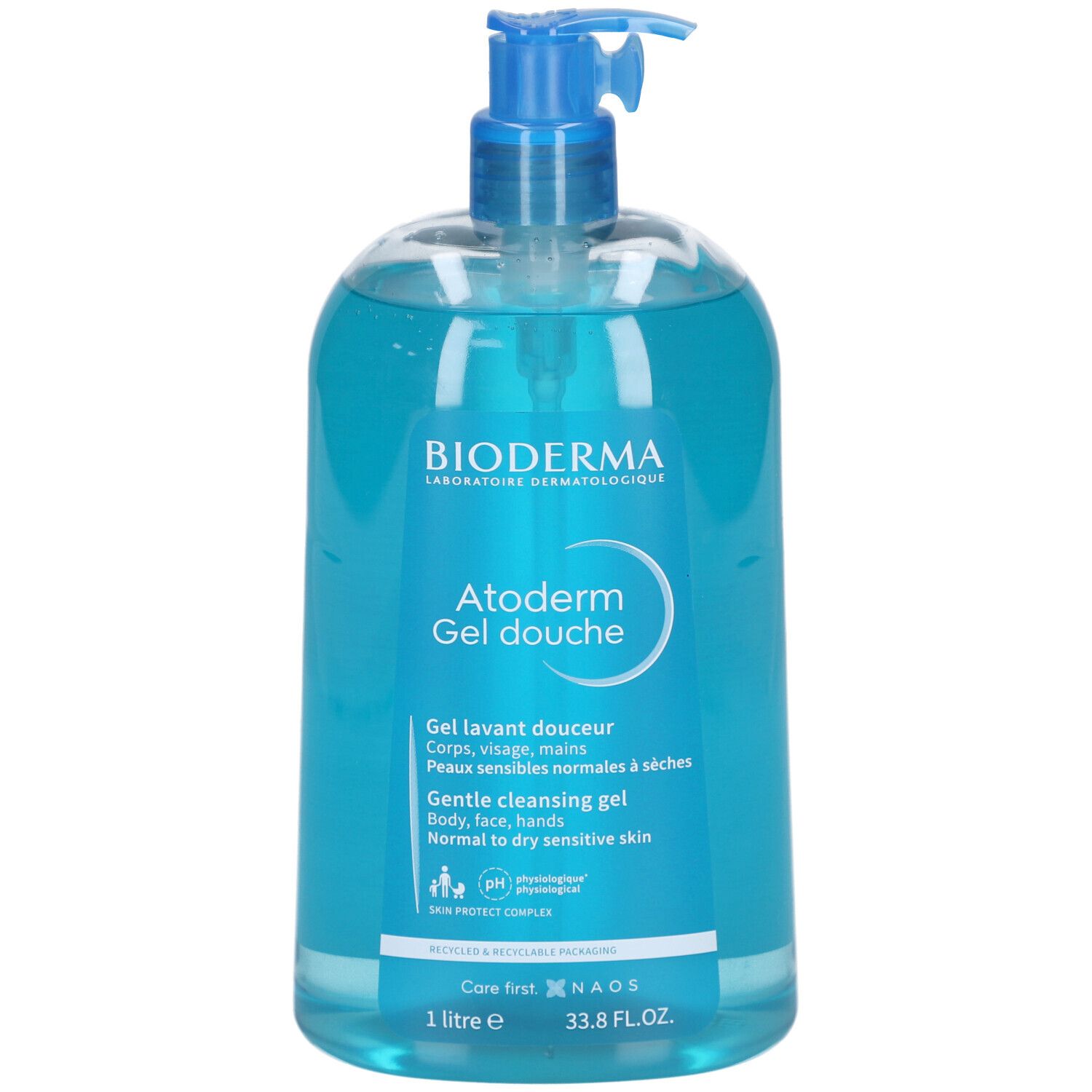 Flacone trasparente di gel doccia blu. Logo BIODERMA e nome prodotto Atoderm Gel douche. 1 litro.