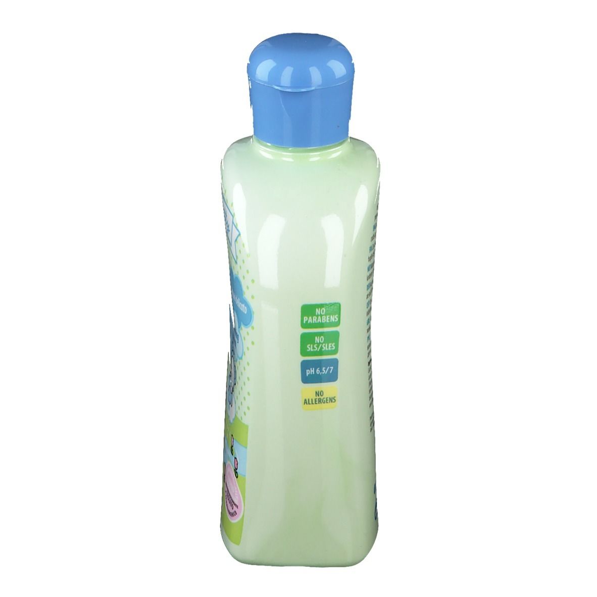 Retro di un flacone di shampoo Baby Kitty verde chiaro con tappo blu. Testo: No Parabens, No Sulfates, pH 6.5/7, No Allergens.