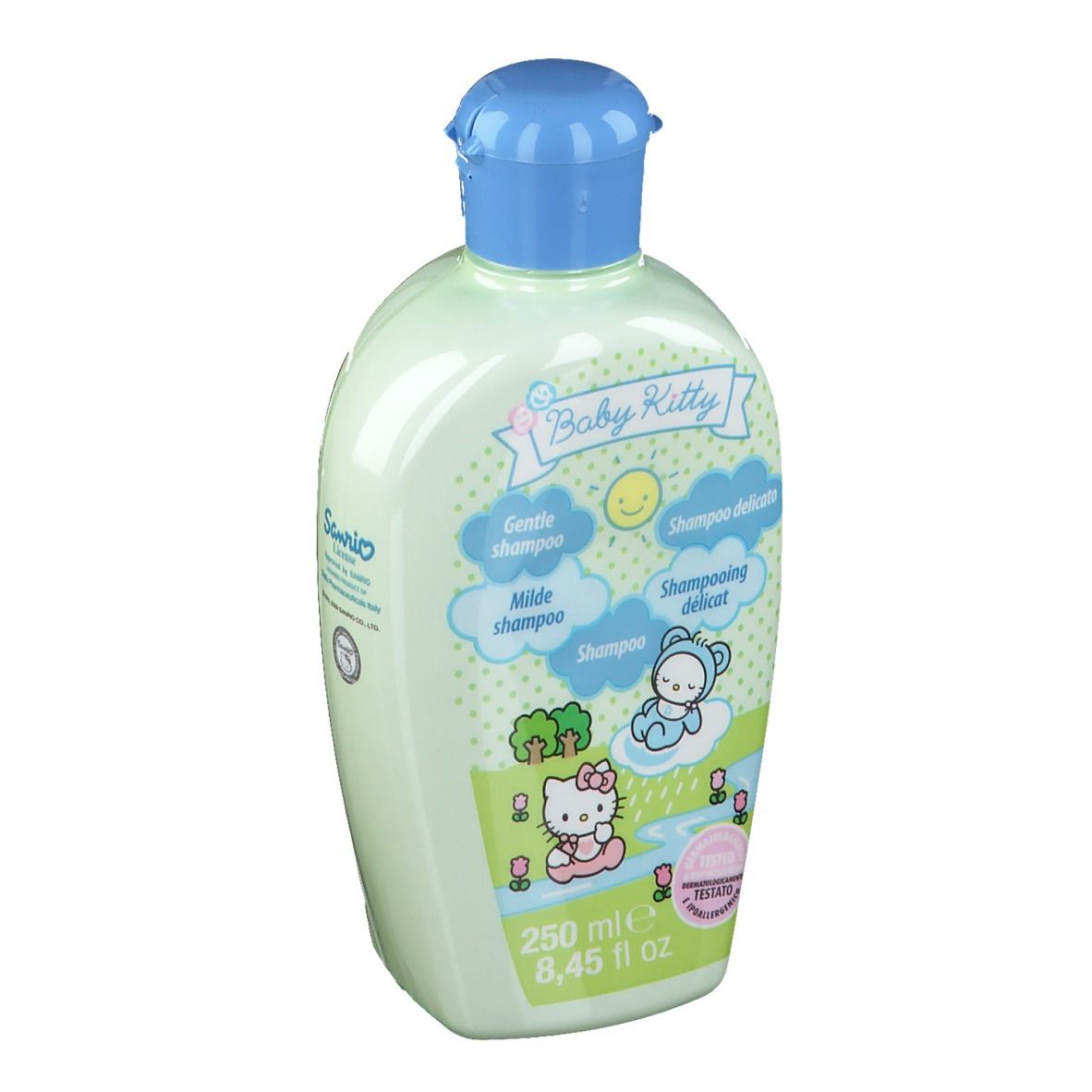 Flacone di shampoo Baby Kitty verde chiaro con tappo blu. Etichetta con Hello Kitty e testo: Gentle Shampoo, Milde Shampoo, 250 ml.