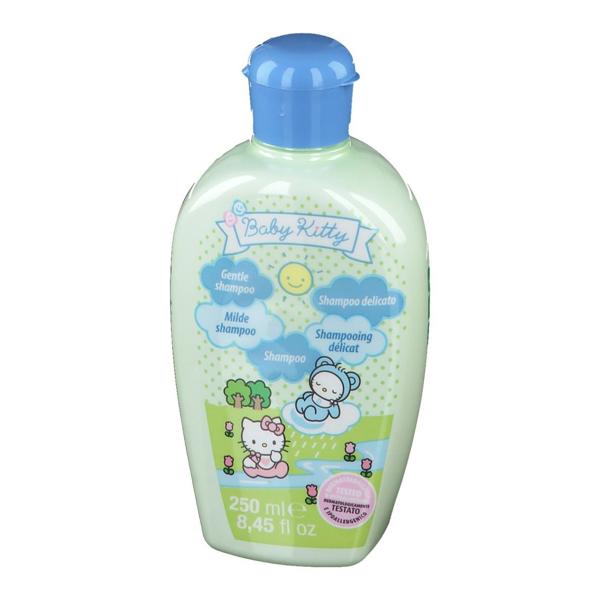 Flacone di shampoo Baby Kitty verde chiaro con tappo blu. Etichetta con Hello Kitty e testo: Gentle Shampoo, Milde Shampoo, 250 ml.