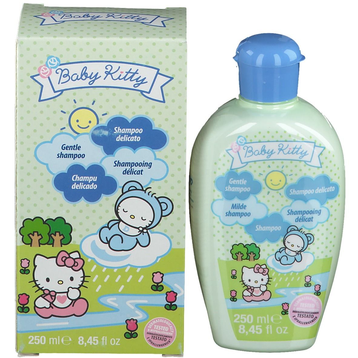 Flacone e scatola di shampoo Baby Kitty. Flacone: verde chiaro, blu, motivo Hello Kitty. Scatola: verde, Hello Kitty, testo: Shampoo delicato.
