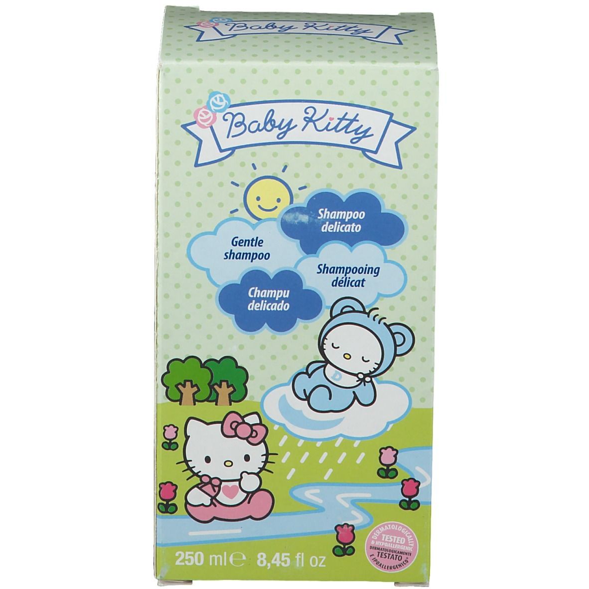 Scatola per shampoo Baby Kitty. Verde, motivo Hello Kitty, testo: Shampoo delicato, 250 ml. Marchi di certificazione.