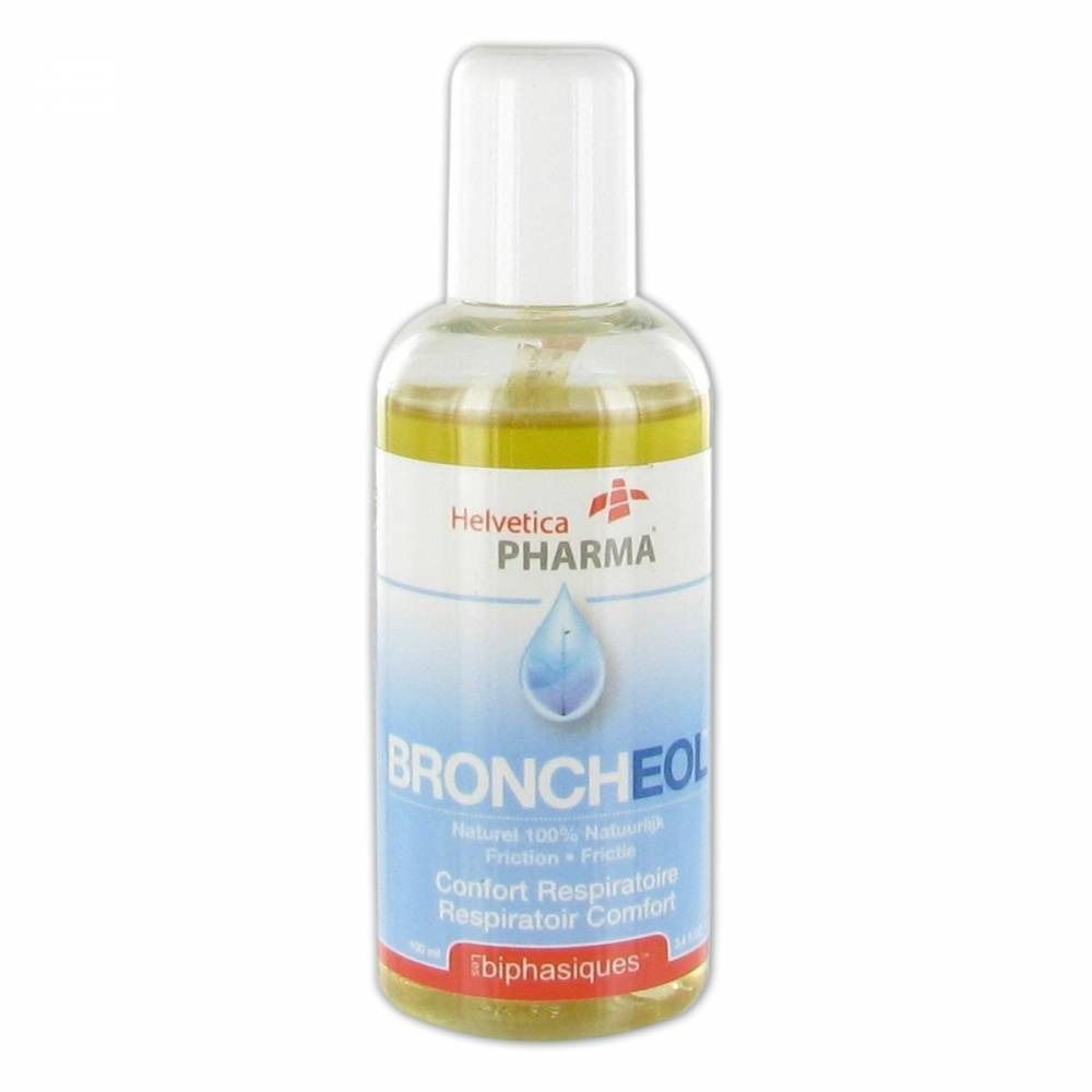 Flacone di vetro con tappo bianco. Scritte: Helvetica Pharma, Broncheol, Confort Respiratoire, bifasico.