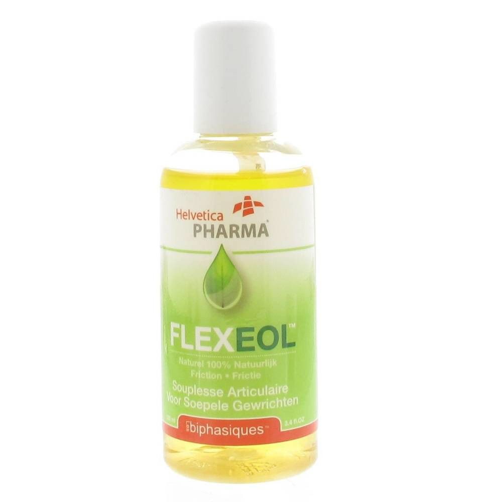 Flacone di liquido giallo. Scritta FLEXEOL, Helvetica Pharma. Etichetta verde e bianca.