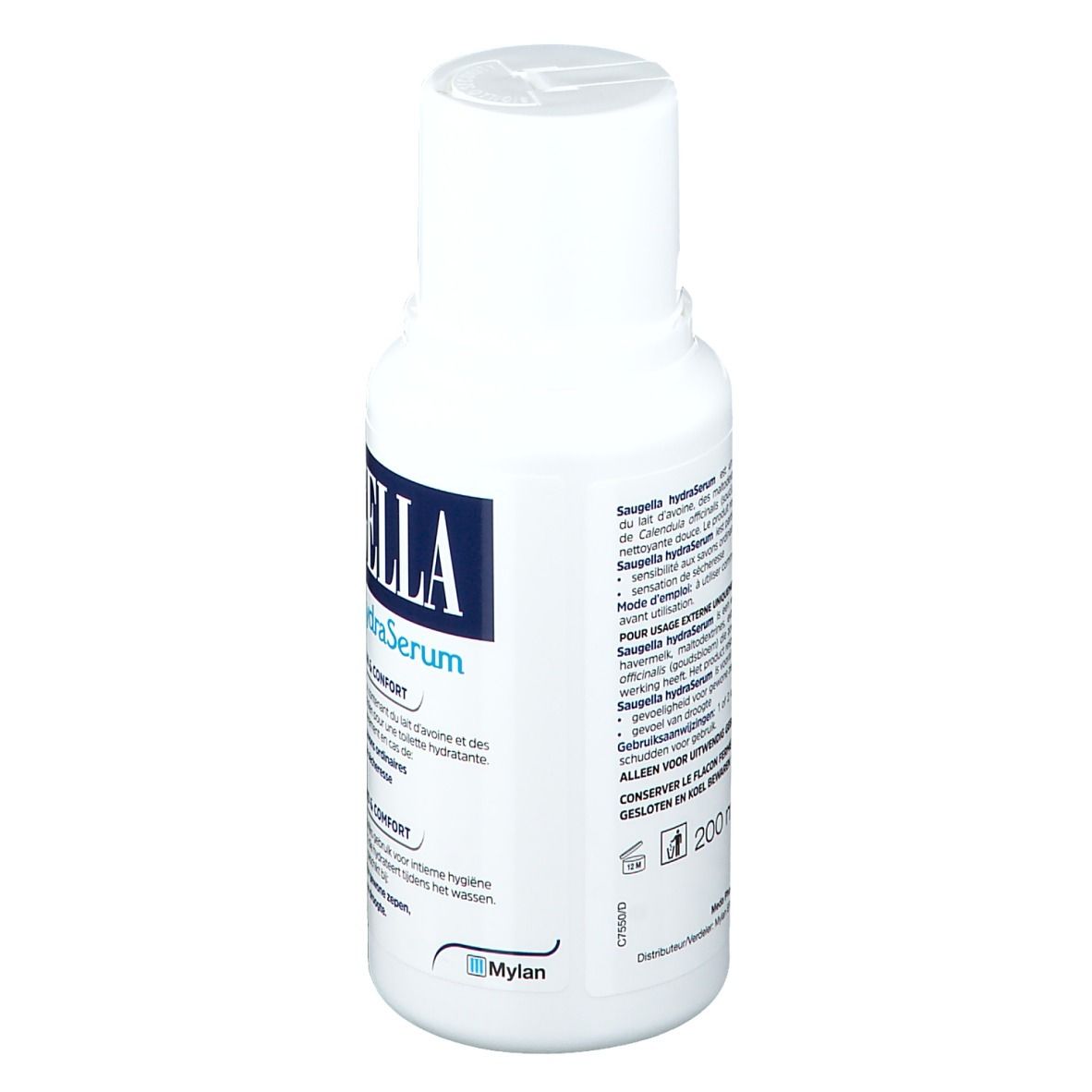 Flacone bianco con etichetta blu. Scritta Saugella hydraSerum. Testo in più lingue. 200 ml.