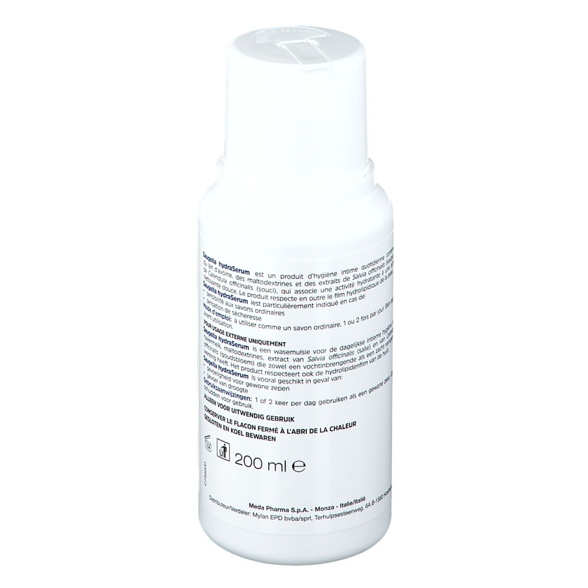 Flacone bianco con etichetta blu. Scritta Saugella hydraSerum. Testo in più lingue. 200 ml.