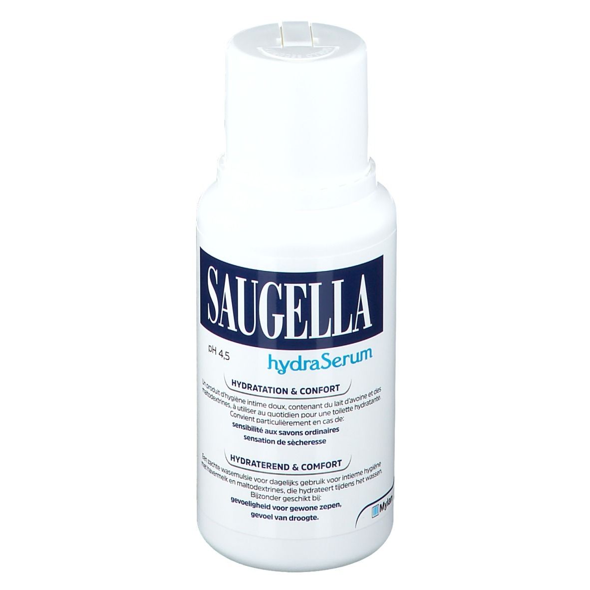 Flacone bianco con etichetta blu. Scritta Saugella hydraSerum. pH 4.5. Testo in più lingue.