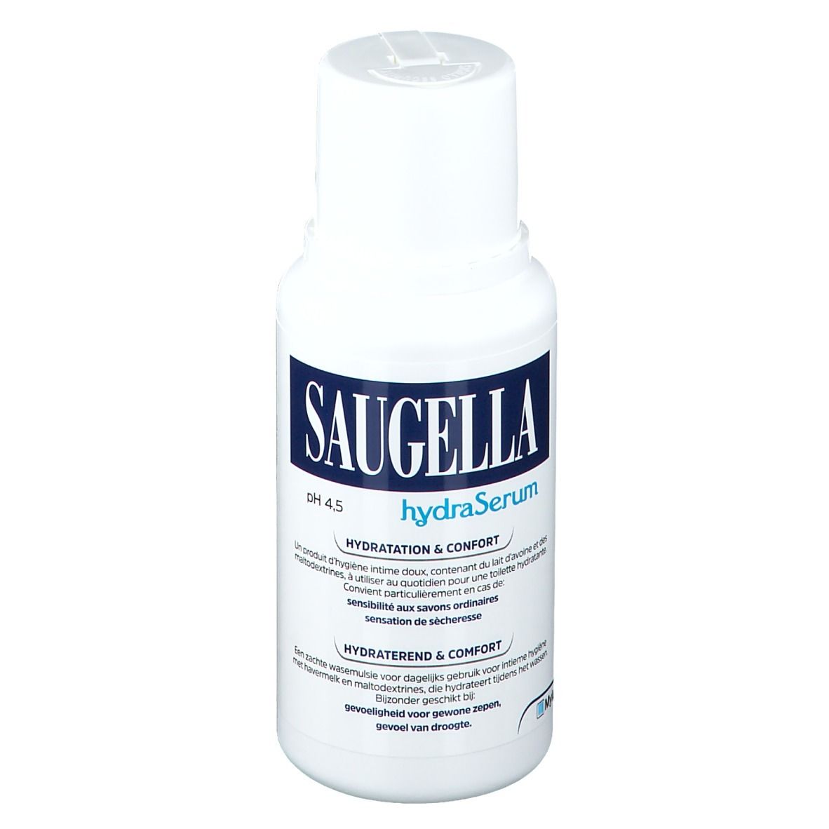 Flacone bianco con etichetta blu. Scritta Saugella hydraSerum. pH 4.5. Testo in più lingue.