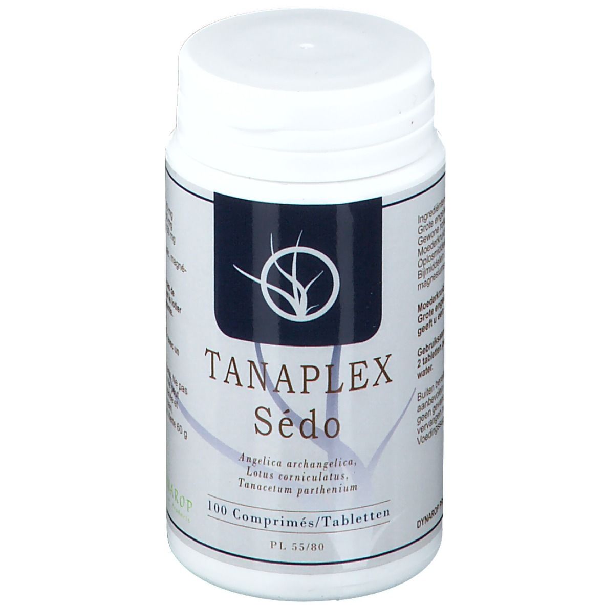 Flacone bianco con etichetta nera. Scritta: TANAPLEX Sédo, 100 compresse. Nomi botanici.