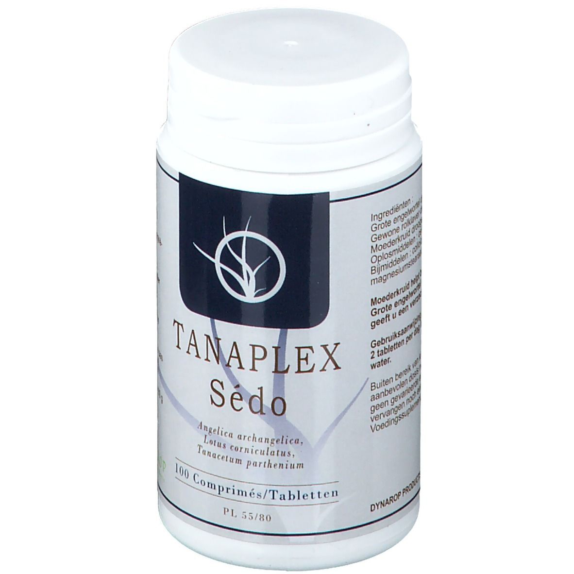 Flacone bianco con etichetta nera. Scritta: TANAPLEX Sédo, 100 compresse. Nomi botanici.