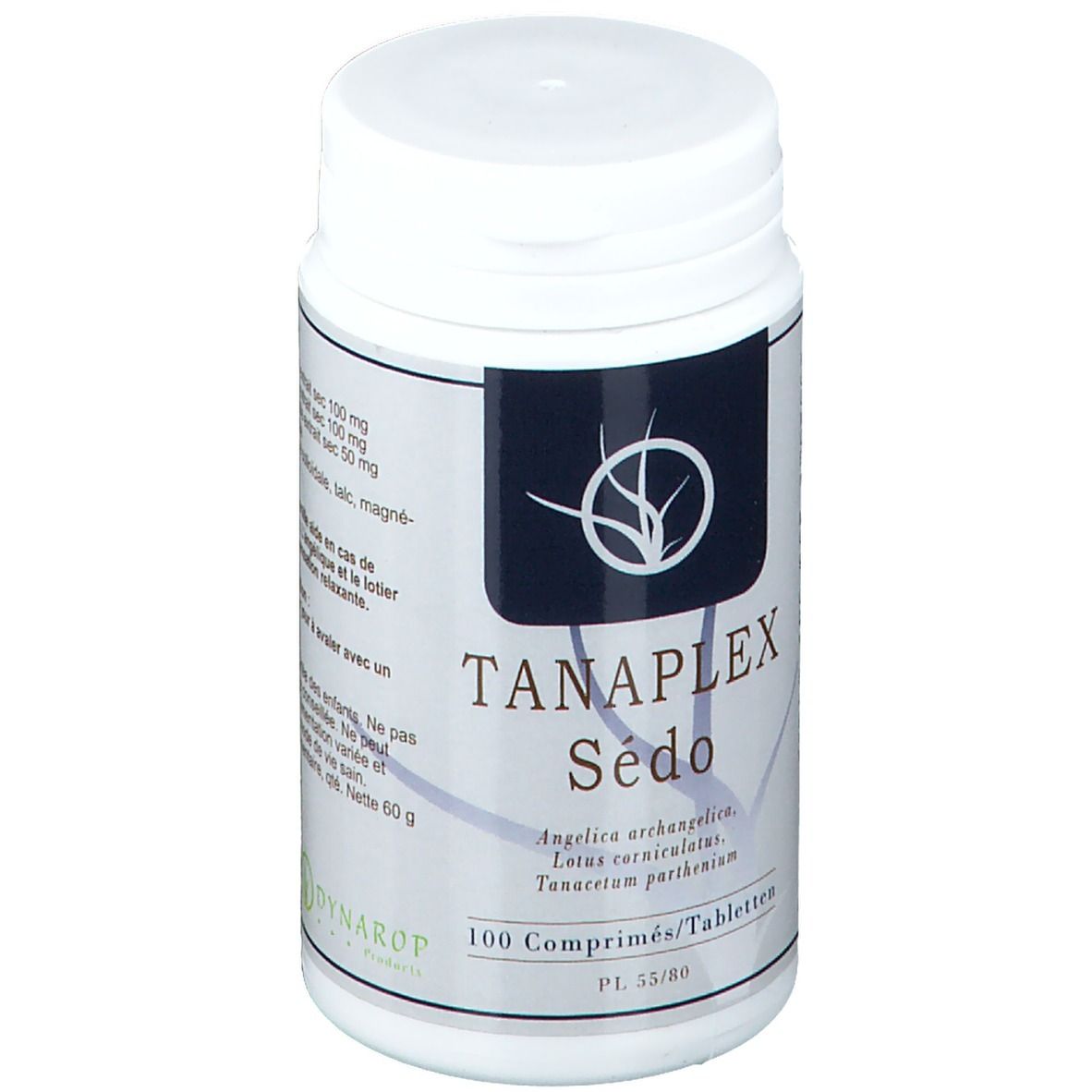 Flacone bianco con etichetta nera. Scritta: TANAPLEX Sédo, 100 compresse. Nomi botanici.