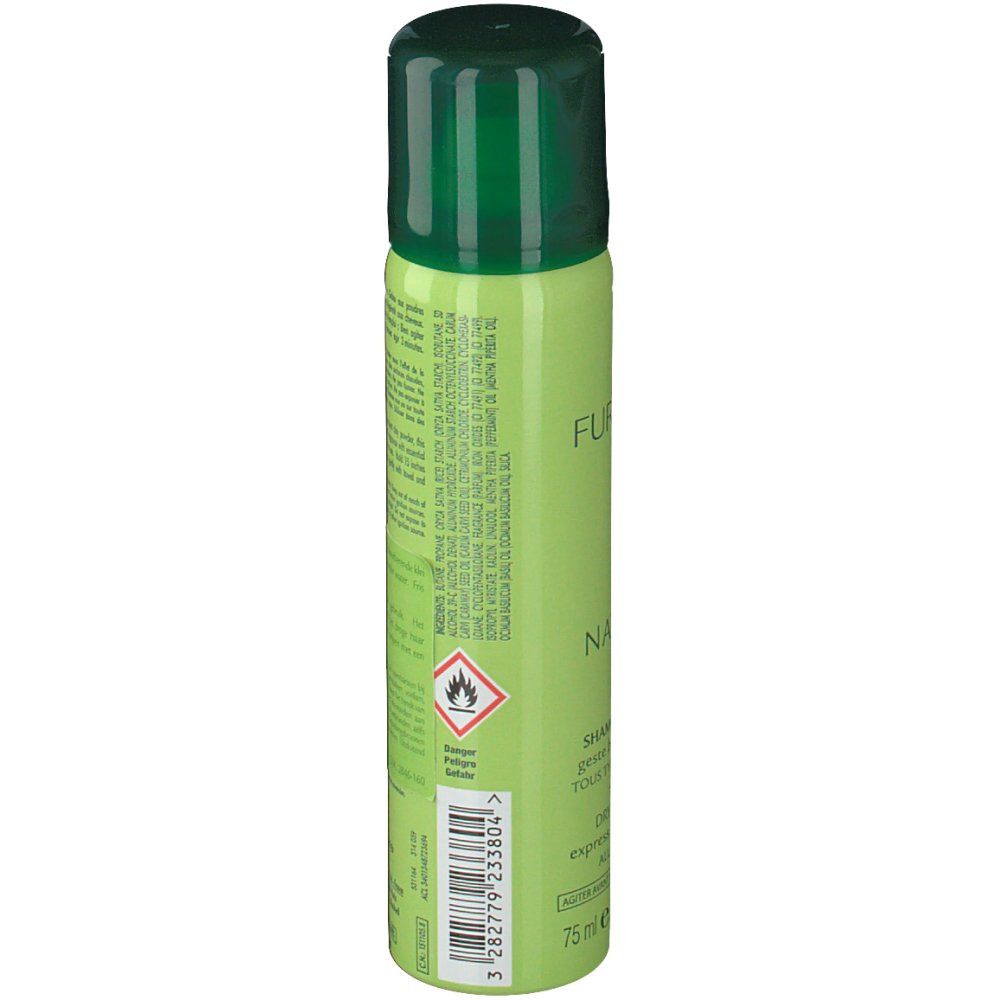 Flacone spray verde con tappo verde. Testo: Naturia, shampoo secco, 75 ml.