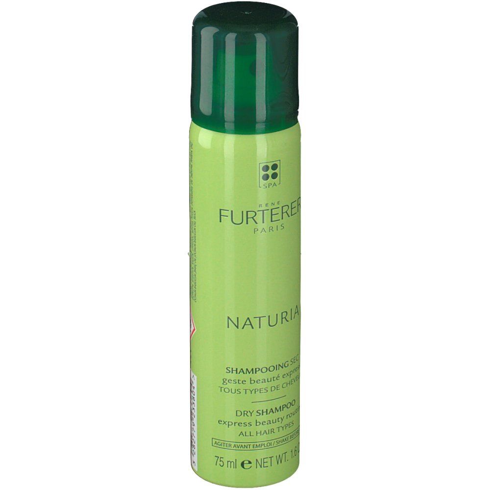 Flacone spray verde con tappo verde. Testo: Naturia, shampoo secco, 75 ml.