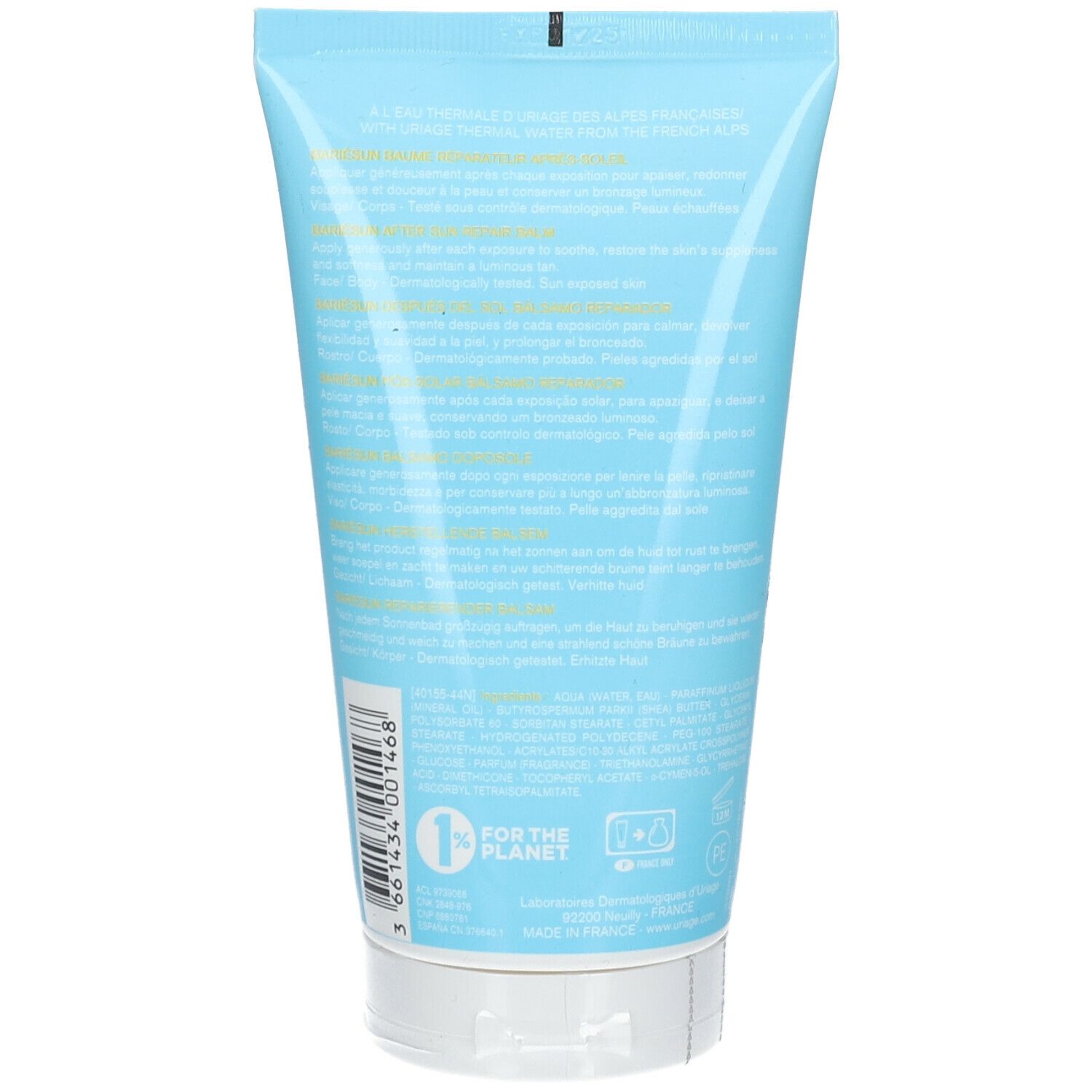 Retro di un tubo azzurro chiaro. Testo in più lingue. Scritta: URIAGE, 1% for the planet. Fabbricato in Francia.